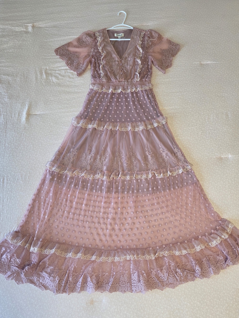 NWT Listicle Dusty Rose Lace Mesh Tiered Maxi Dress Sz S 🌸 Romantic Boho-Chic